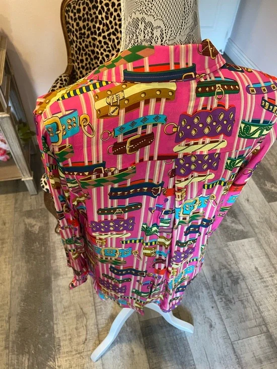 L'AGENCE Hot Pink Silk Belt-Print Blouse - Picture 6 of 7